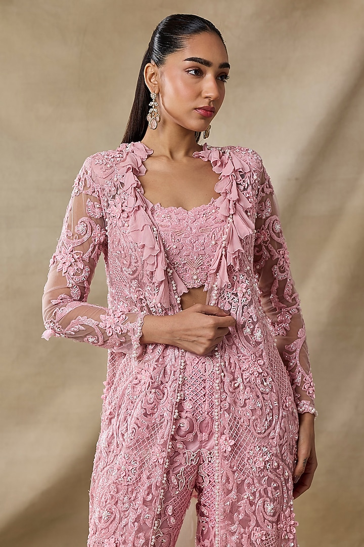 Salmon Pink Organza & Net Embroidered Cape Set by AWIGNA BY VARSHA & RITTU at Pernia's Pop Up Shop
