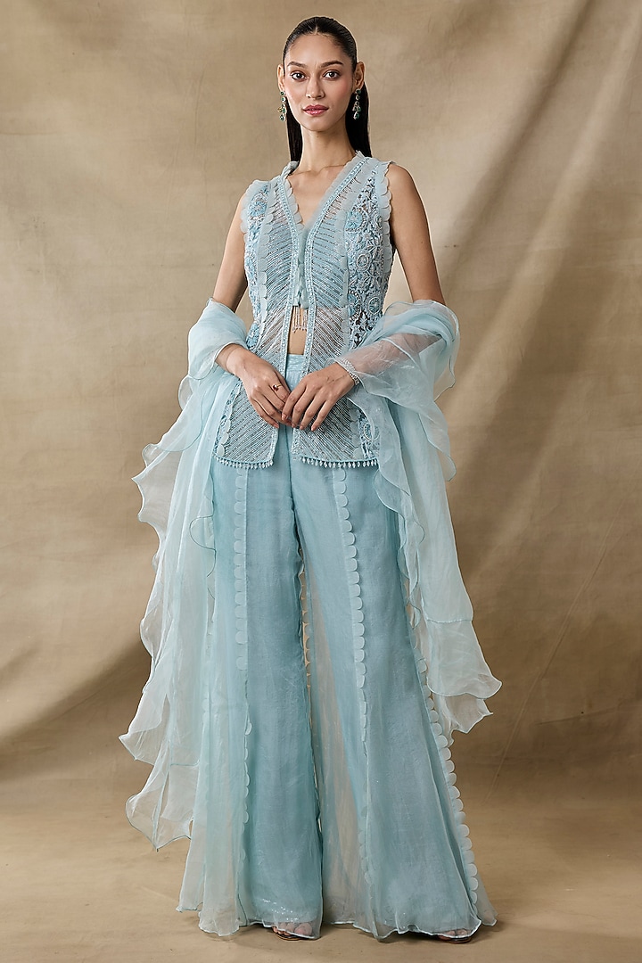 Aqua Organza & Net Wedding Sharara Set by AWIGNA BY VARSHA & RITTU at Pernia's Pop Up Shop