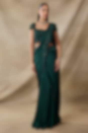 Bottle Green Satin Georgette Floral Embroidered Pre-Draped Wedding Saree Set by AWIGNA BY VARSHA & RITTU at Pernia's Pop Up Shop