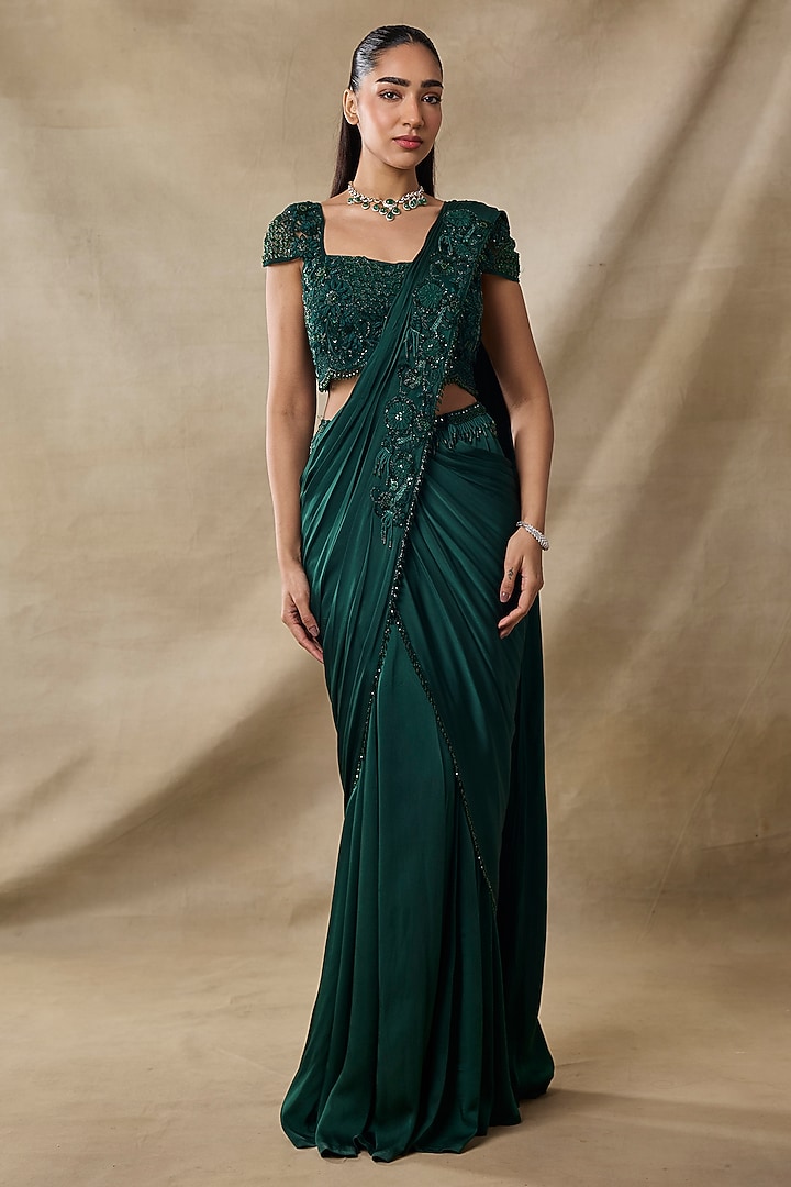 Bottle Green Satin Georgette Floral Embroidered Pre-Draped Wedding Saree Set by AWIGNA BY VARSHA & RITTU at Pernia's Pop Up Shop