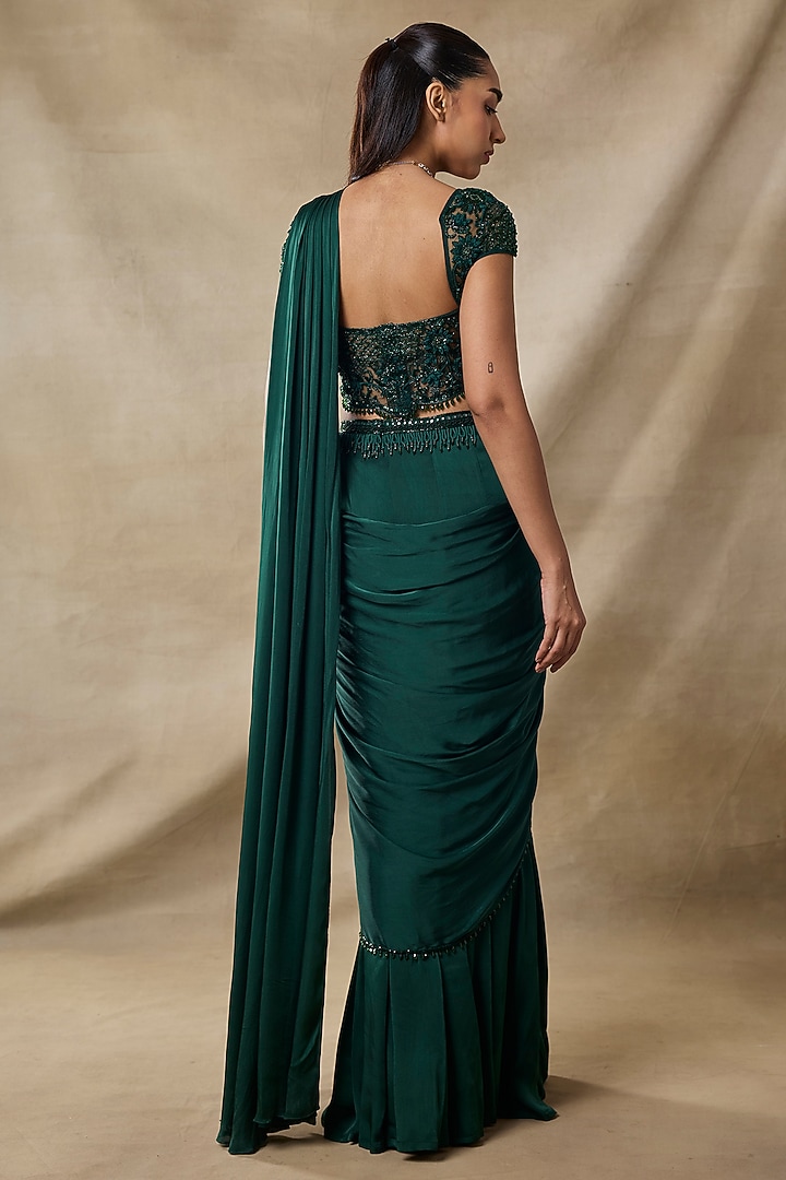 Bottle Green Satin Georgette Floral Embroidered Pre-Draped Wedding Saree Set by AWIGNA BY VARSHA & RITTU at Pernia's Pop Up Shop