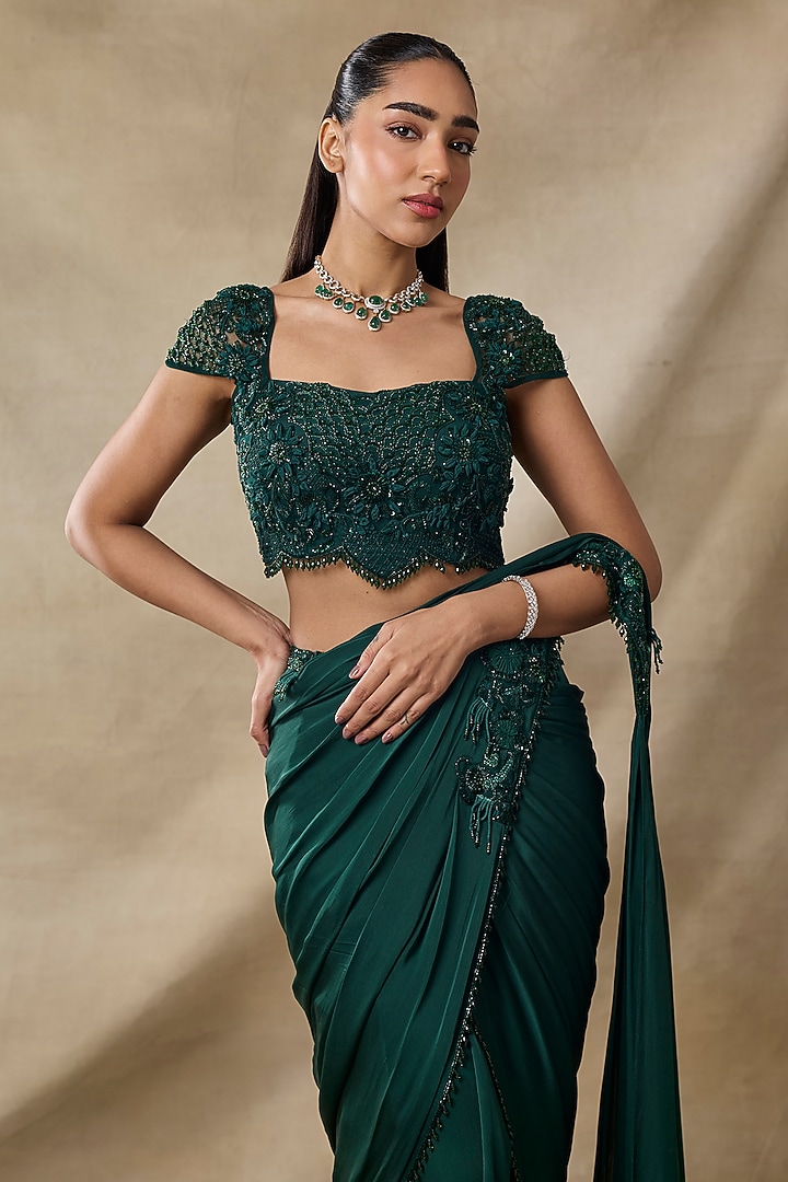 Bottle Green Satin Georgette Floral Embroidered Pre-Draped Wedding Saree Set by AWIGNA BY VARSHA & RITTU at Pernia's Pop Up Shop