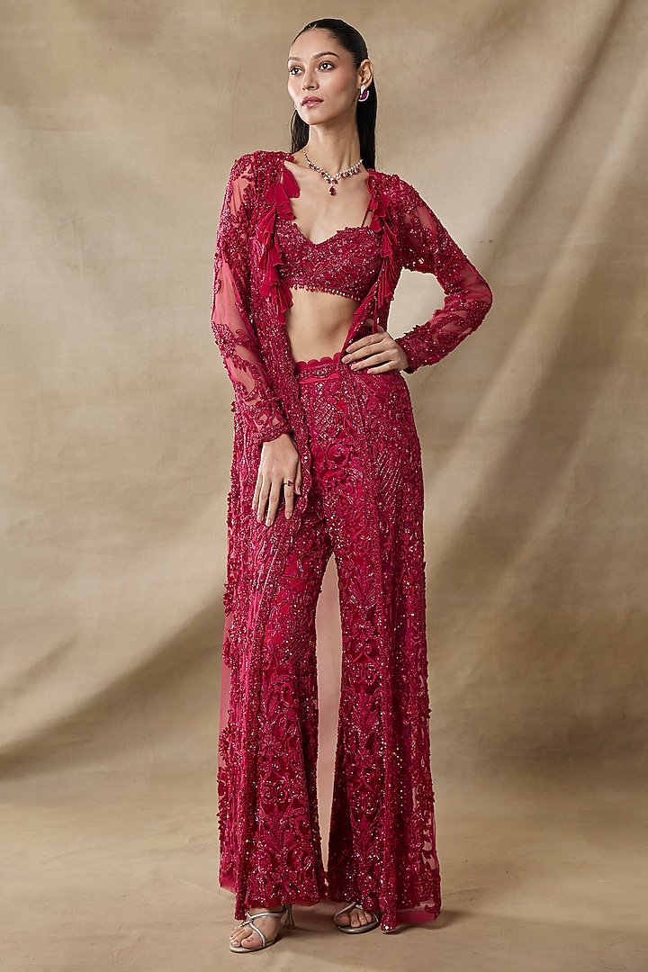 Blood Red Organza & Net Embroidered Cape Set by AWIGNA BY VARSHA & RITTU at Pernia's Pop Up Shop