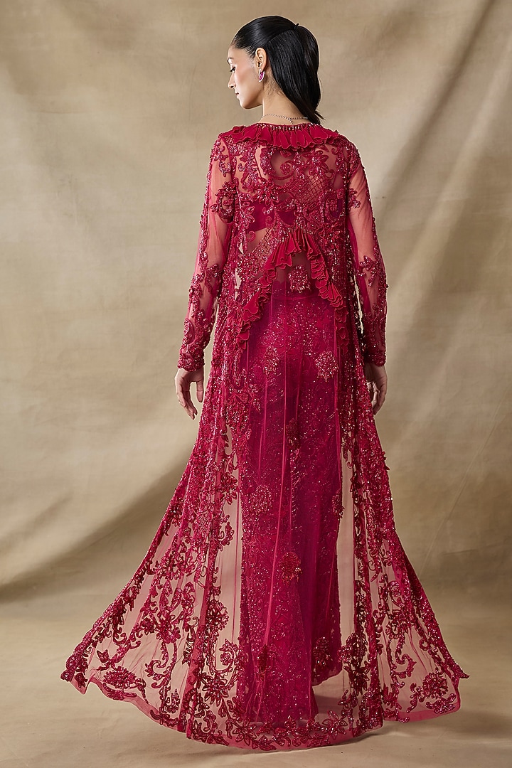 Blood Red Organza & Net Embroidered Cape Set by AWIGNA BY VARSHA & RITTU at Pernia's Pop Up Shop
