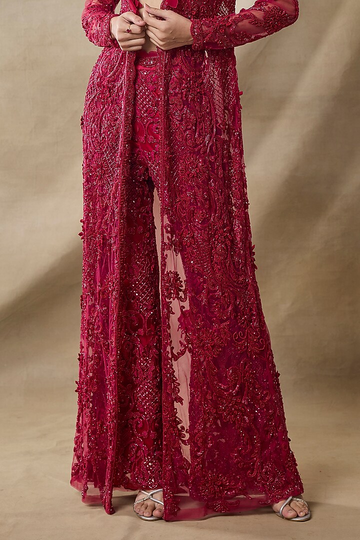 Blood Red Organza & Net Embroidered Cape Set by AWIGNA BY VARSHA & RITTU at Pernia's Pop Up Shop