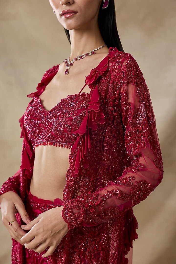 Blood Red Organza & Net Embroidered Cape Set by AWIGNA BY VARSHA & RITTU at Pernia's Pop Up Shop