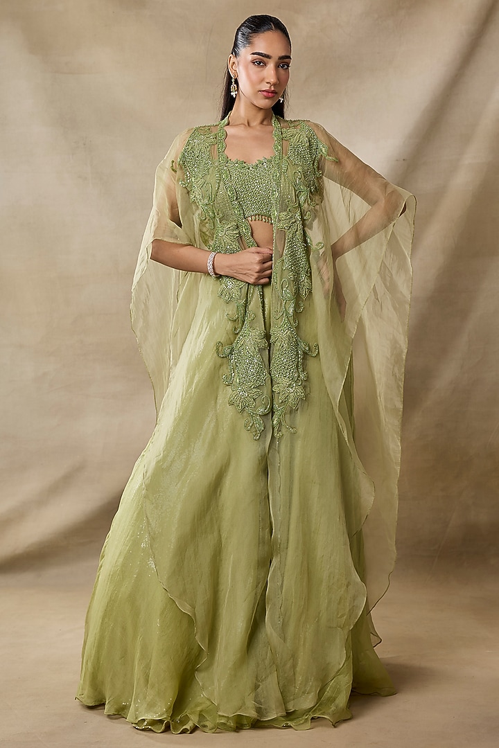 Green Organza & Net Tonal Embroidered Cape Set by AWIGNA BY VARSHA & RITTU at Pernia's Pop Up Shop