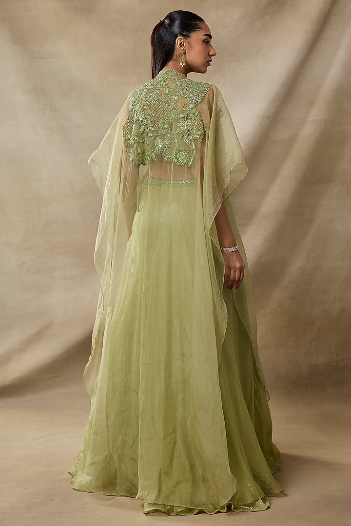 Green Organza & Net Tonal Embroidered Cape Set by AWIGNA BY VARSHA & RITTU at Pernia's Pop Up Shop