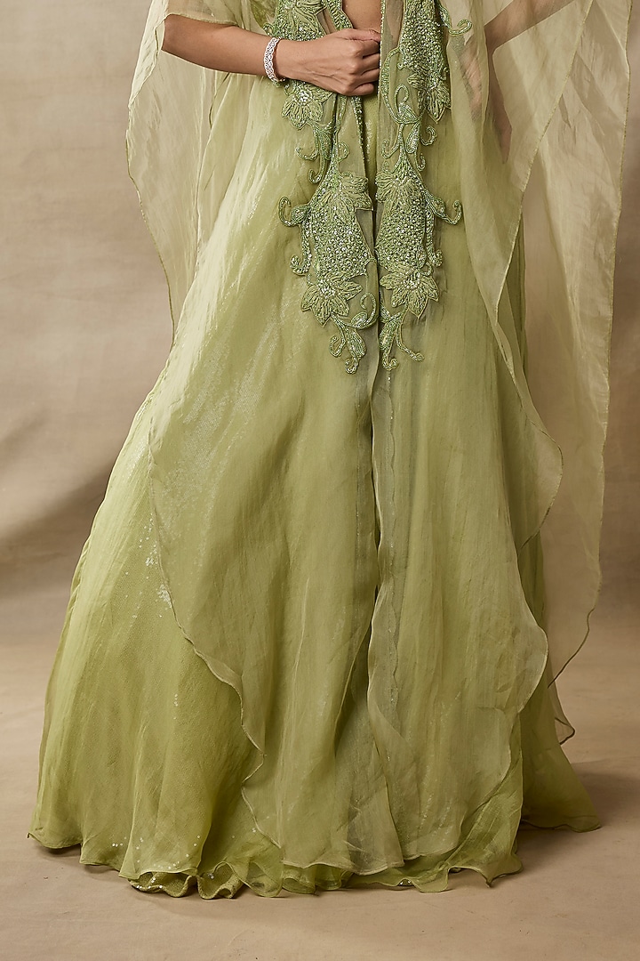 Green Organza & Net Tonal Embroidered Cape Set by AWIGNA BY VARSHA & RITTU at Pernia's Pop Up Shop