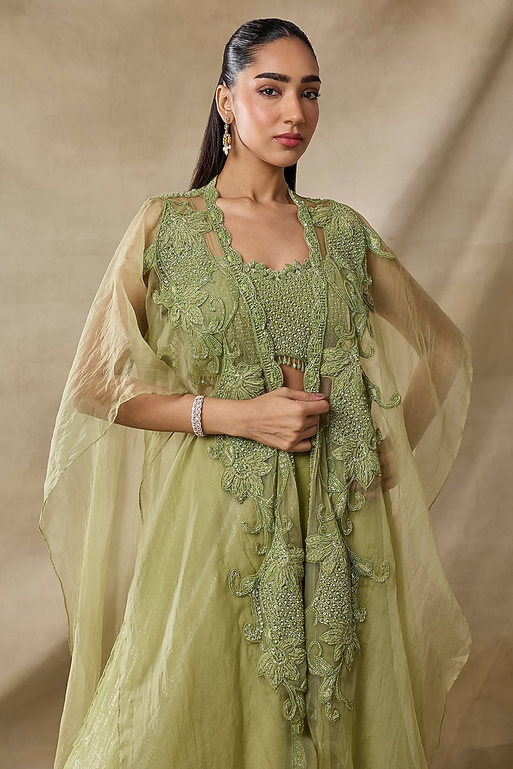 Green Organza & Net Tonal Embroidered Cape Set by AWIGNA BY VARSHA & RITTU at Pernia's Pop Up Shop