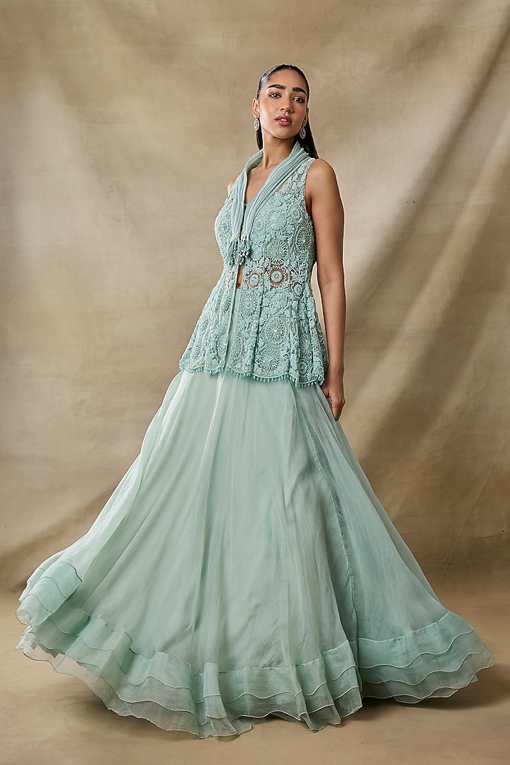 Aqua Organza Skirt Set by AWIGNA BY VARSHA & RITTU at Pernia's Pop Up Shop