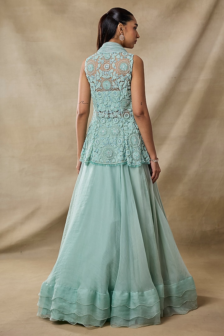 Aqua Organza Skirt Set by AWIGNA BY VARSHA & RITTU at Pernia's Pop Up Shop