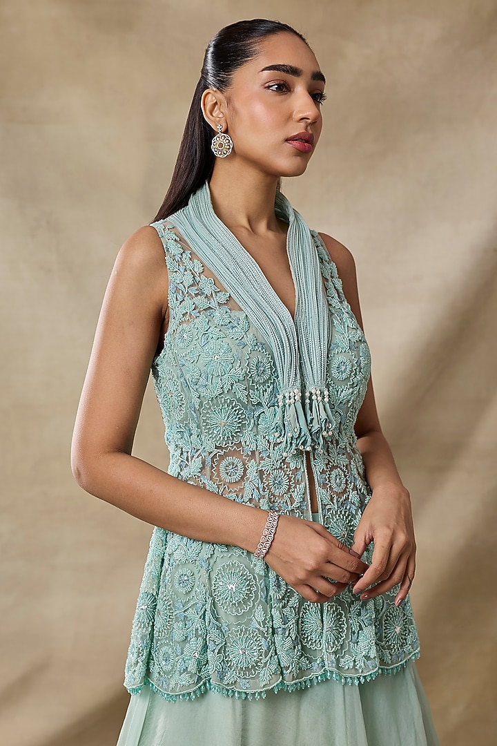 Aqua Organza Skirt Set by AWIGNA BY VARSHA & RITTU at Pernia's Pop Up Shop