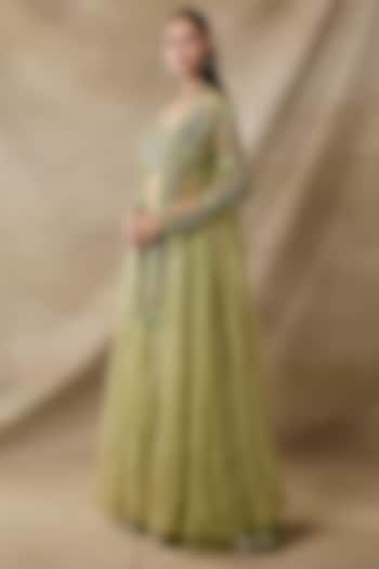 Green Organza & Net Embroidered Cape Set by AWIGNA BY VARSHA & RITTU at Pernia's Pop Up Shop