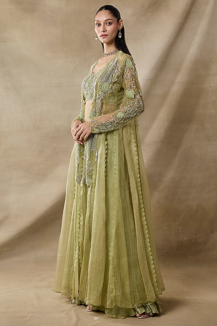 Green Organza & Net Embroidered Cape Set by AWIGNA BY VARSHA & RITTU at Pernia's Pop Up Shop