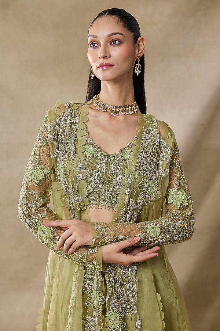 Green Organza & Net Embroidered Cape Set by AWIGNA BY VARSHA & RITTU at Pernia's Pop Up Shop