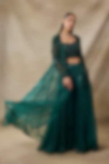 Bottle Green Organza & Net Embroidered Cape Set by AWIGNA BY VARSHA & RITTU at Pernia's Pop Up Shop