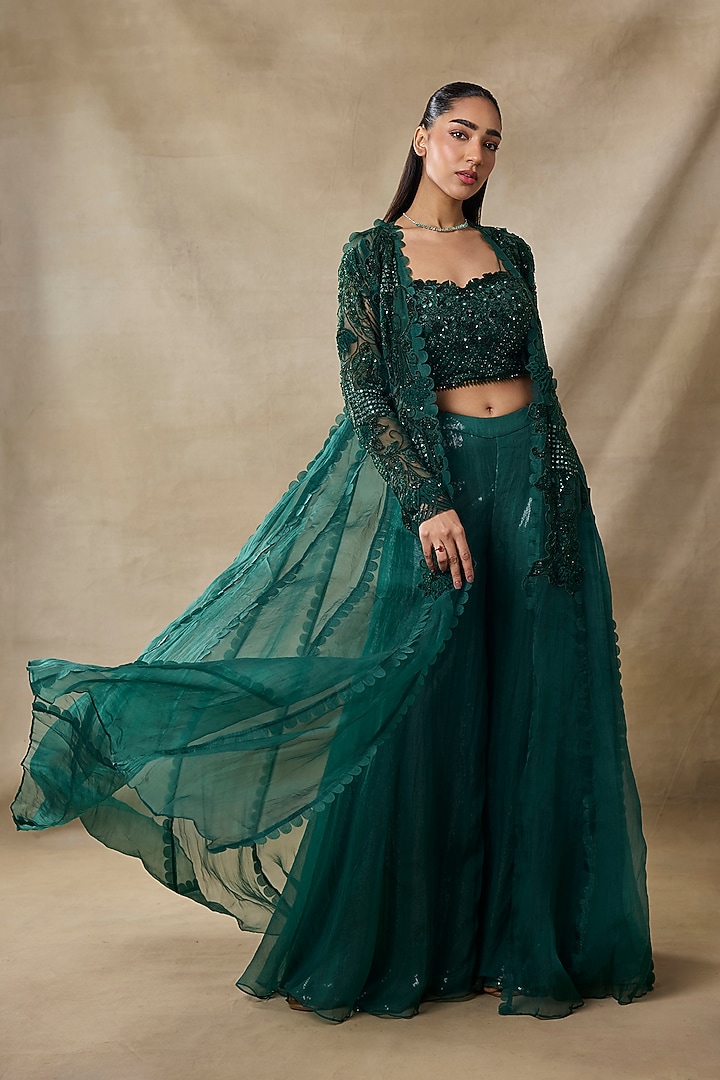 Bottle Green Organza & Net Embroidered Cape Set by AWIGNA BY VARSHA & RITTU at Pernia's Pop Up Shop
