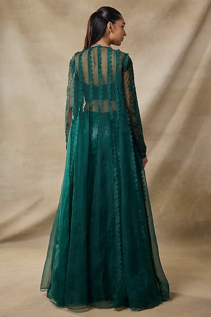 Bottle Green Organza & Net Embroidered Cape Set by AWIGNA BY VARSHA & RITTU at Pernia's Pop Up Shop