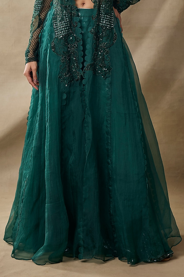 Bottle Green Organza & Net Embroidered Cape Set by AWIGNA BY VARSHA & RITTU at Pernia's Pop Up Shop