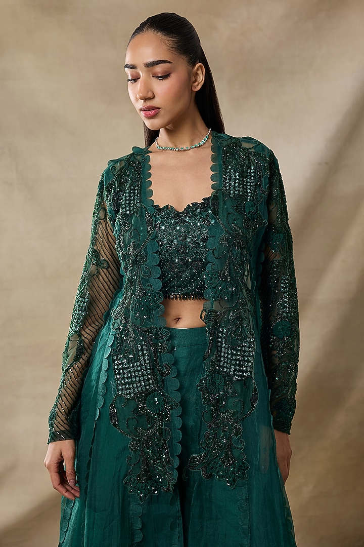 Bottle Green Organza & Net Embroidered Cape Set by AWIGNA BY VARSHA & RITTU at Pernia's Pop Up Shop