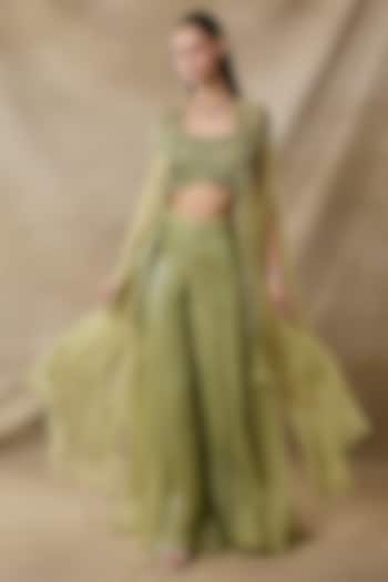 Bottle Green Organza & Net Embroidered Cape Set by AWIGNA BY VARSHA & RITTU at Pernia's Pop Up Shop