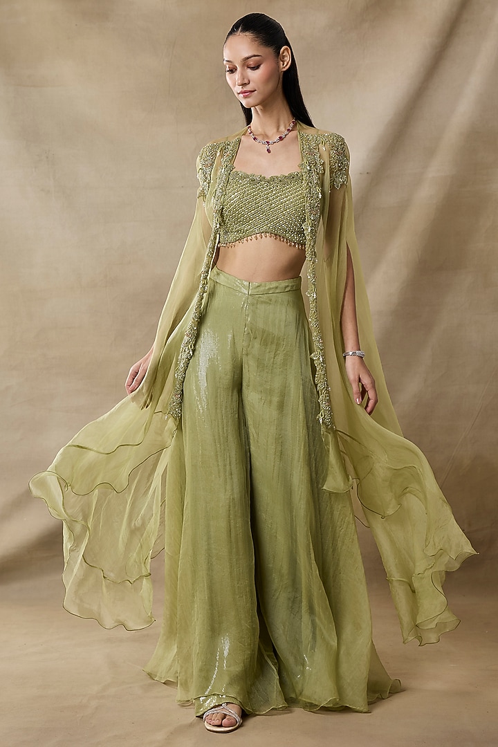 Bottle Green Organza & Net Embroidered Cape Set by AWIGNA BY VARSHA & RITTU at Pernia's Pop Up Shop