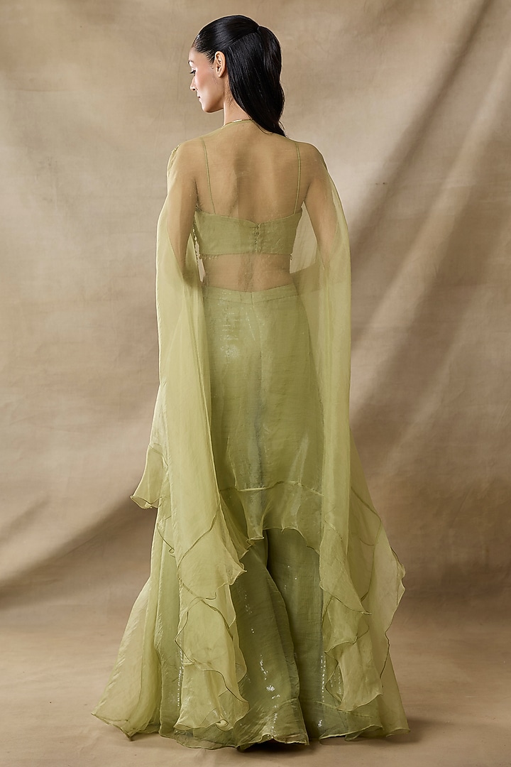 Bottle Green Organza & Net Embroidered Cape Set by AWIGNA BY VARSHA & RITTU at Pernia's Pop Up Shop
