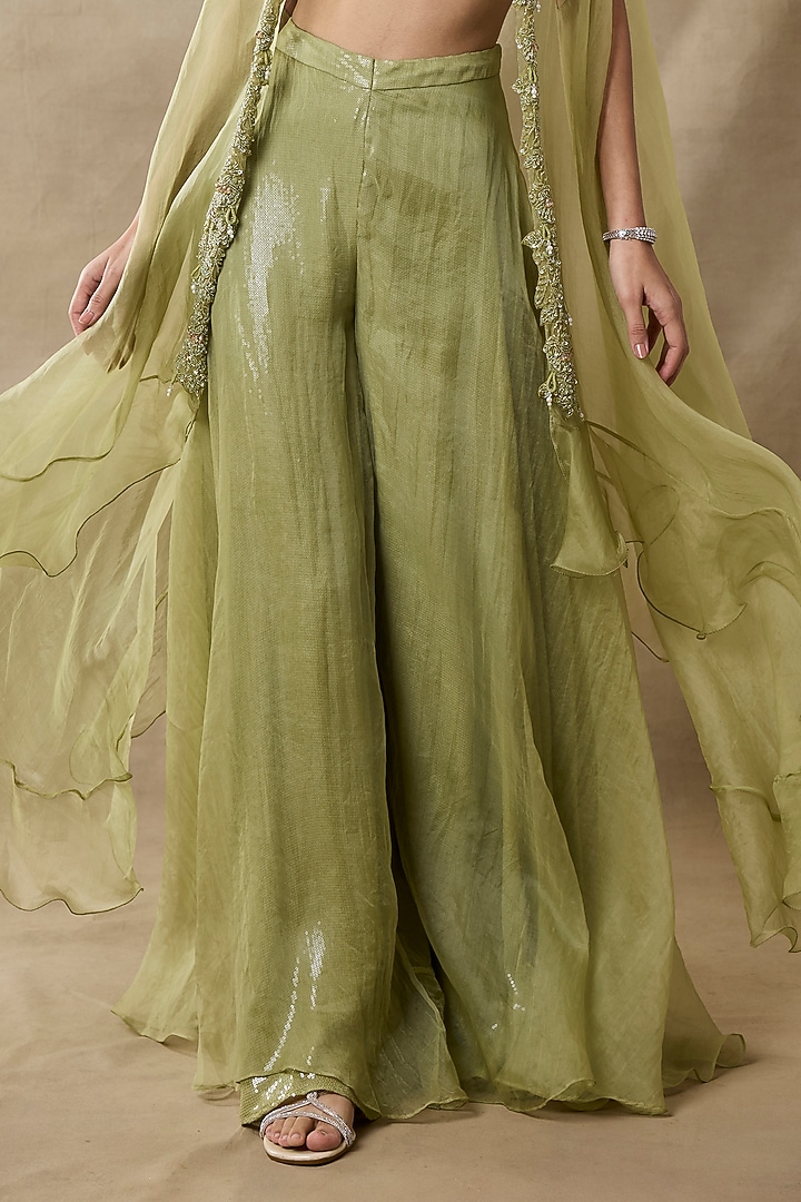 Bottle Green Organza & Net Embroidered Cape Set by AWIGNA BY VARSHA & RITTU at Pernia's Pop Up Shop