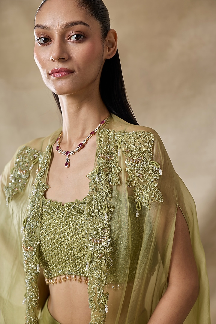 Bottle Green Organza & Net Embroidered Cape Set by AWIGNA BY VARSHA & RITTU at Pernia's Pop Up Shop