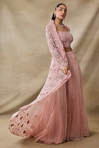 Salmon Pink Organza Flared Sharara Set by AWIGNA BY VARSHA & RITTU
