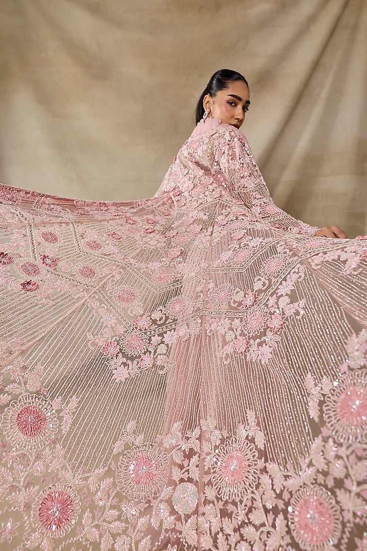 Salmon Pink Organza Flared Bridal Sharara Set by AWIGNA BY VARSHA & RITTU at Pernia's Pop Up Shop
