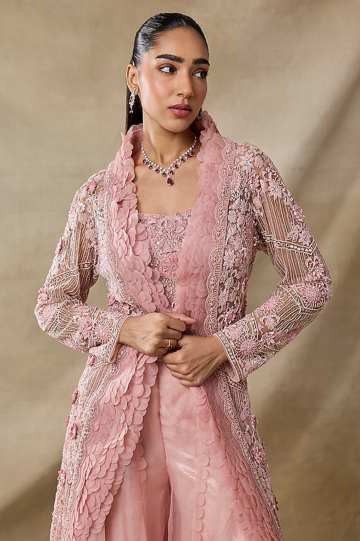 Salmon Pink Organza Flared Bridal Sharara Set by AWIGNA BY VARSHA & RITTU at Pernia's Pop Up Shop