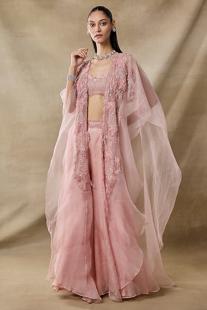 Pink Organza Flared Wedding Sharara Set by AWIGNA BY VARSHA & RITTU at Pernia's Pop Up Shop