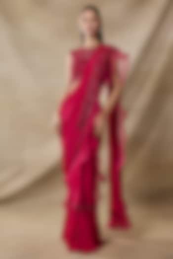 Red Chiffon Pre-Draped Wedding Saree Set by AWIGNA BY VARSHA & RITTU at Pernia's Pop Up Shop