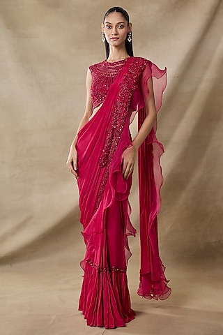Red Chiffon Pre-Draped Saree Set by AWIGNA BY VARSHA & RITTU