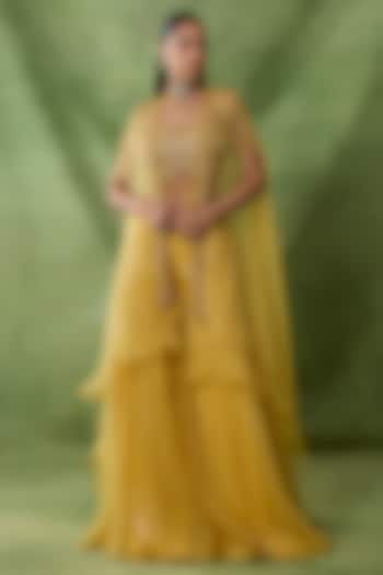 Yellow Organza & Net Embroidered Cape Set by AWIGNA BY VARSHA & RITTU at Pernia's Pop Up Shop