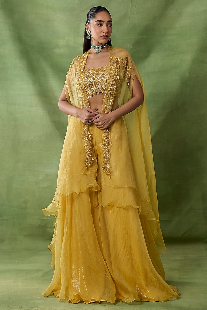 Yellow Organza & Net Embroidered Cape Set by AWIGNA BY VARSHA & RITTU at Pernia's Pop Up Shop