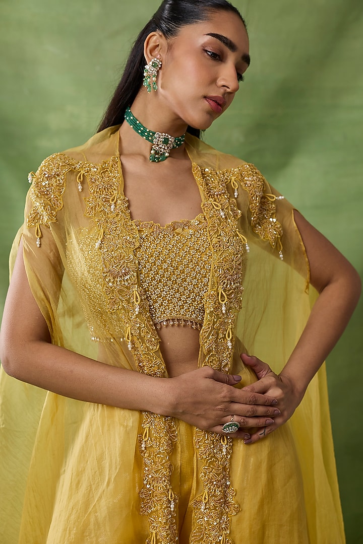 Yellow Organza & Net Embroidered Cape Set by AWIGNA BY VARSHA & RITTU at Pernia's Pop Up Shop