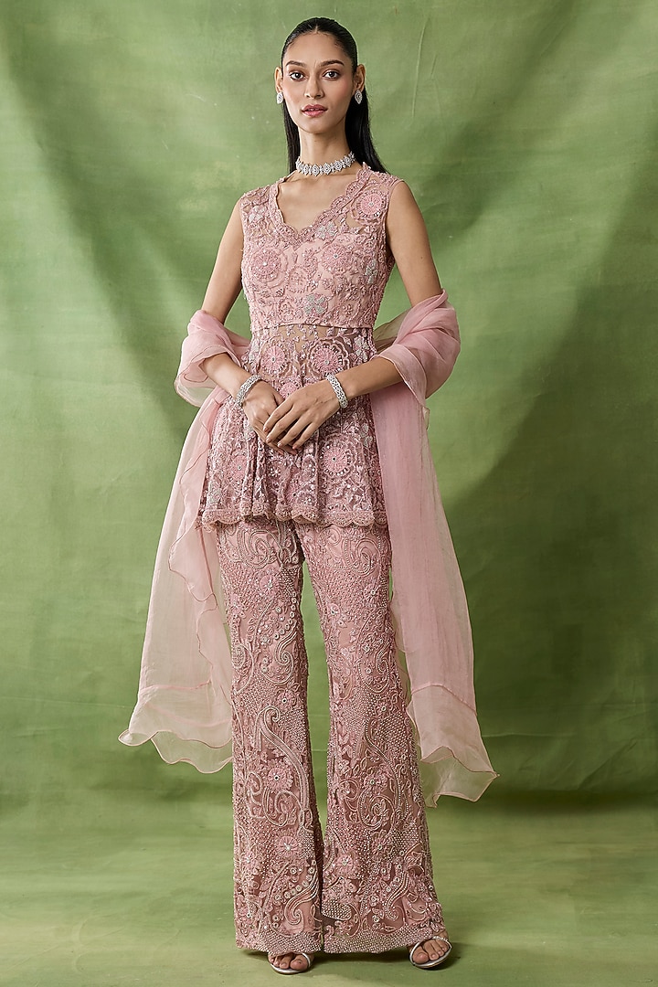 Pink Organza Net Embroidered Pant Set by AWIGNA BY VARSHA & RITTU at Pernia's Pop Up Shop