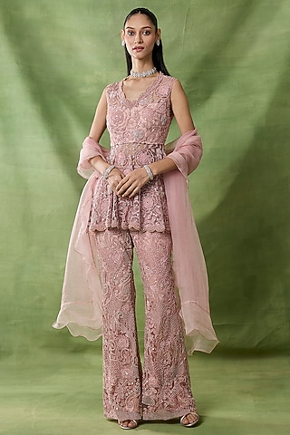 Pink Organza Net Embroidered Pant Set by AWIGNA BY VARSHA & RITTU