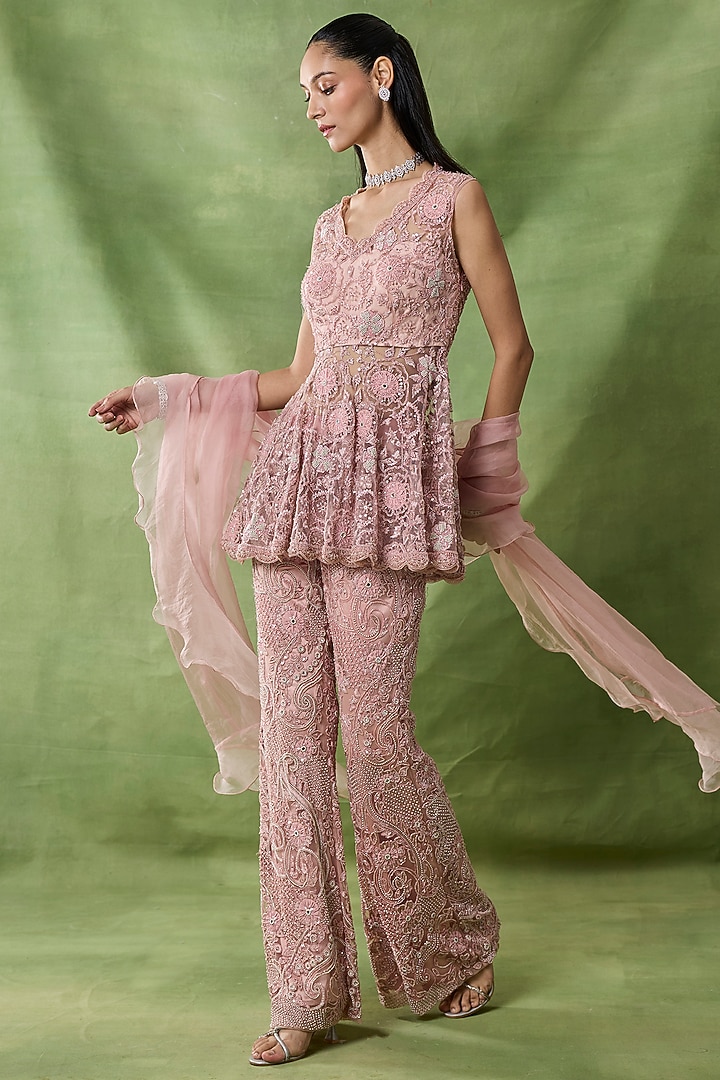 Pink Organza Net Embroidered Pant Set by AWIGNA BY VARSHA & RITTU at Pernia's Pop Up Shop