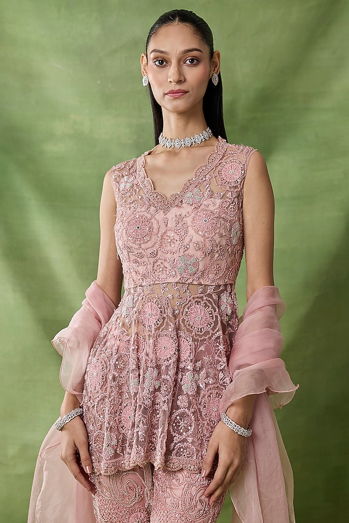 Pink Organza Net Embroidered Pant Set by AWIGNA BY VARSHA & RITTU at Pernia's Pop Up Shop