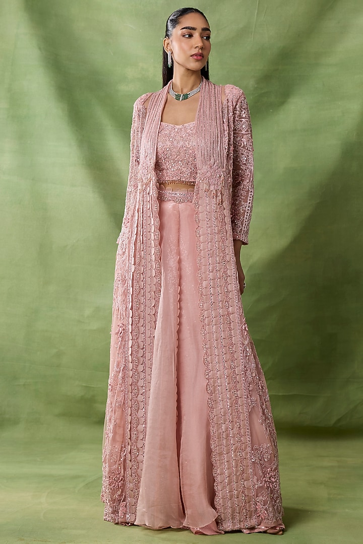 Salmon Pink Organza Net Floral Embroidered Cape Set by AWIGNA BY VARSHA & RITTU at Pernia's Pop Up Shop