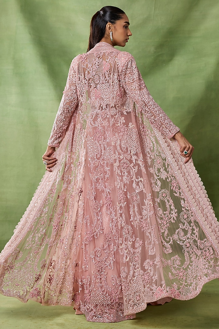 Salmon Pink Organza Net Floral Embroidered Cape Set by AWIGNA BY VARSHA & RITTU at Pernia's Pop Up Shop