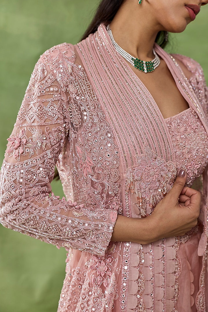 Salmon Pink Organza Net Floral Embroidered Cape Set by AWIGNA BY VARSHA & RITTU at Pernia's Pop Up Shop