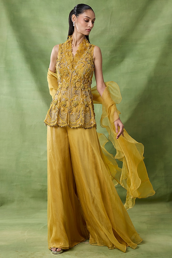 Yellow Organza Net Wedding Sharara Set by AWIGNA BY VARSHA & RITTU at Pernia's Pop Up Shop