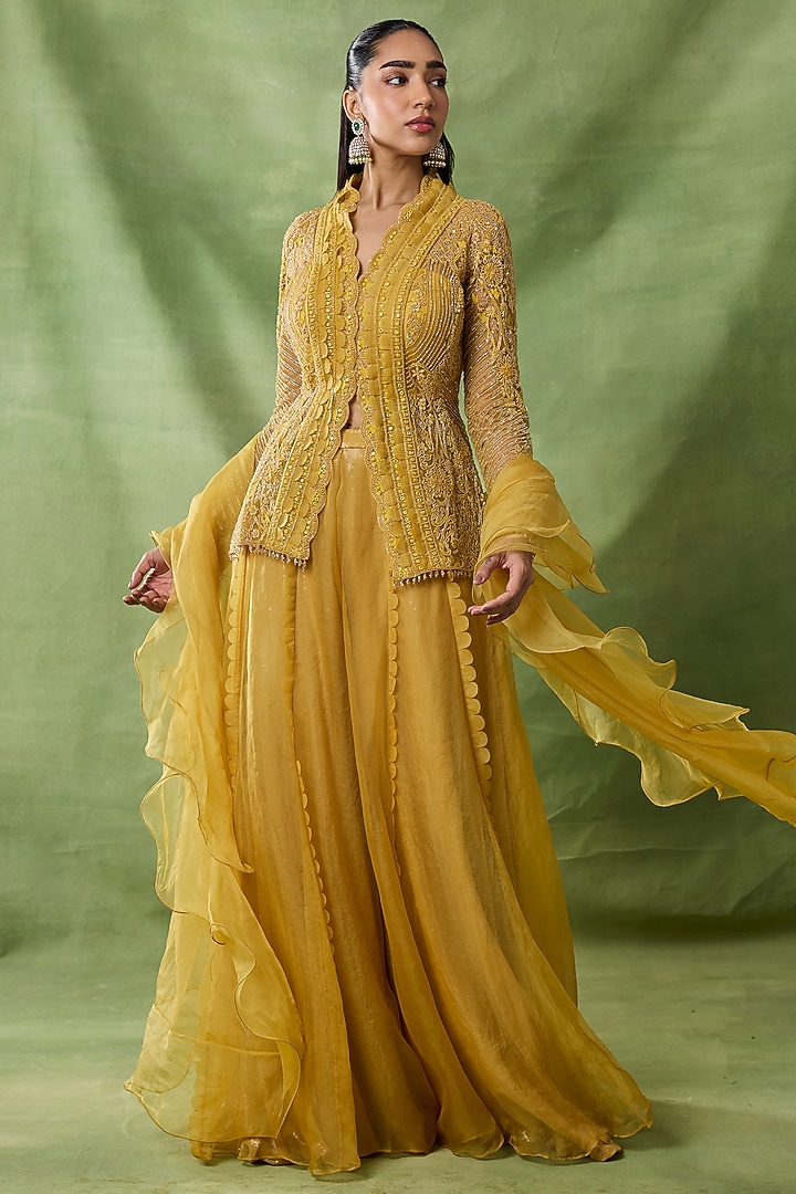 Yellow Organza & Net Wedding Sharara Set by AWIGNA BY VARSHA & RITTU at Pernia's Pop Up Shop