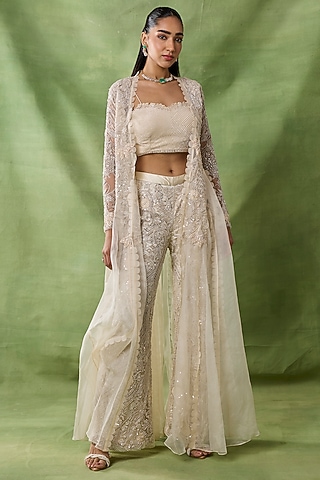 Ivory Organza & Net Embroidered Pant Set by AWIGNA BY VARSHA & RITTU