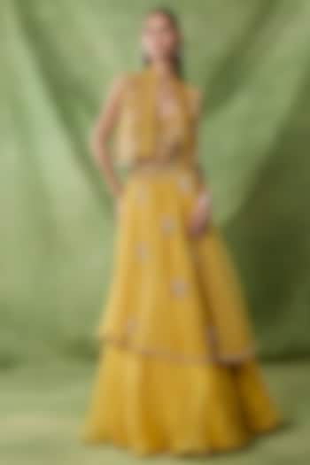 Yellow Organza Net Ruffled Layered Skirt Set by AWIGNA BY VARSHA & RITTU at Pernia's Pop Up Shop
